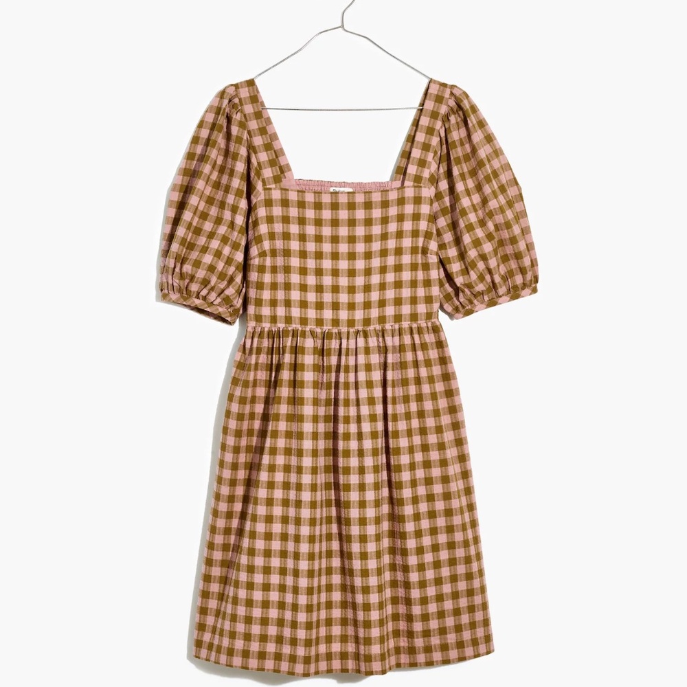 Madewell Square-Neck Puff-Sleeve Dress in Gingham Seersucker Size XL